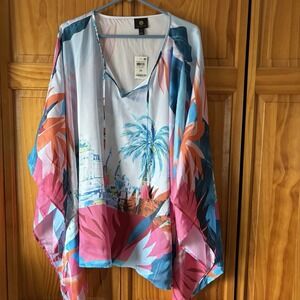 JM Collection Island Breeze Kaftan Tunic Pink Gemstone‎ Tropical Palm 3X New